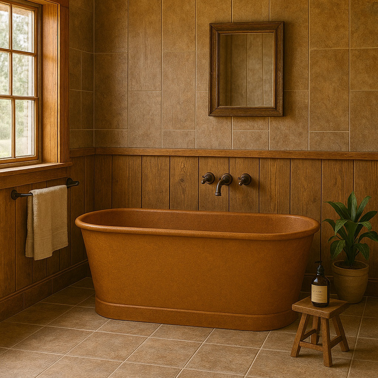 val rustic copper bathtub in traditional bathroom, warm patina finish on classic tub with rounded ends and simple form