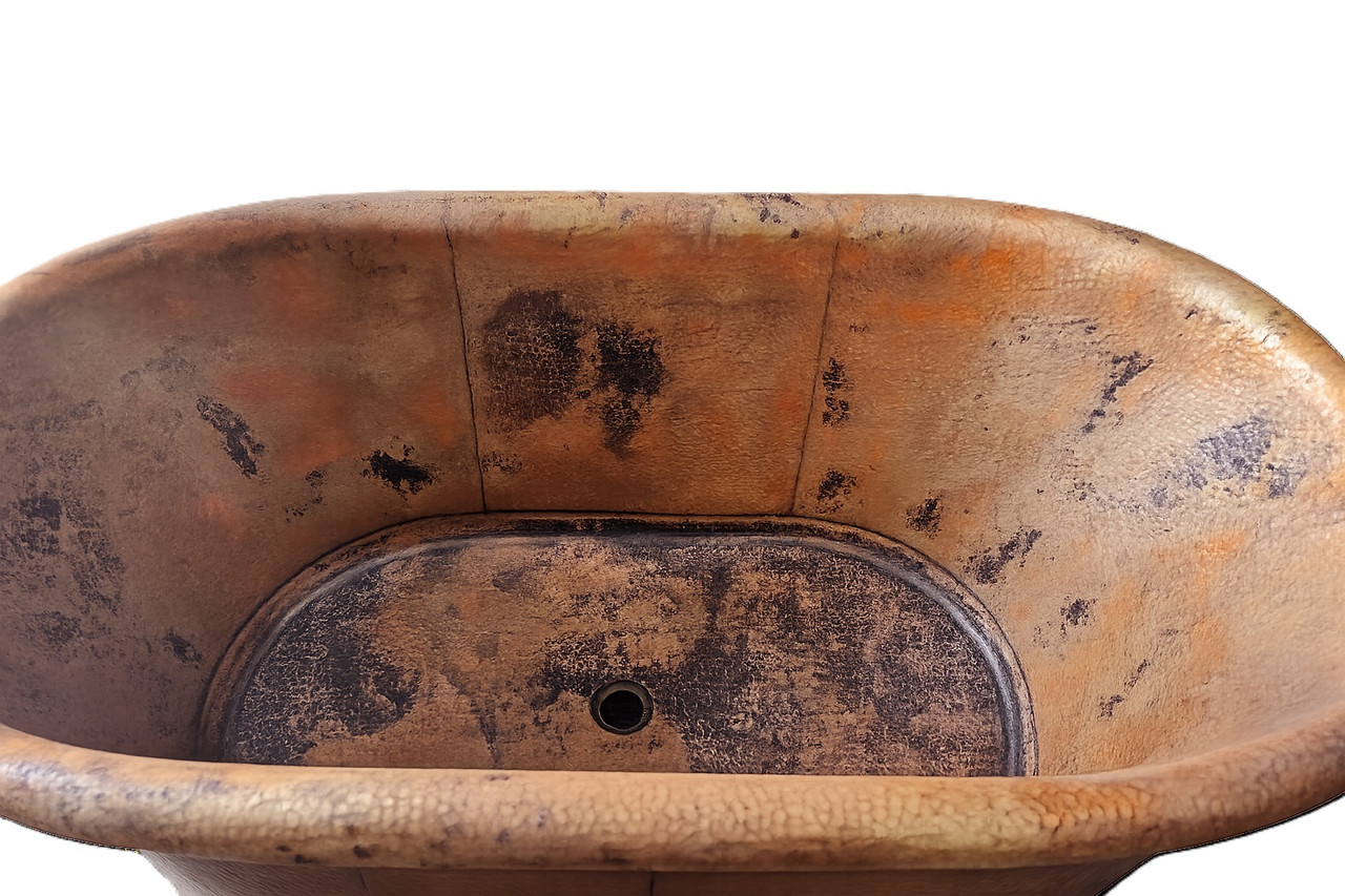 Oval rustic copper bathtub interior view, compact basin with smooth curved walls and warm hammered copper surface