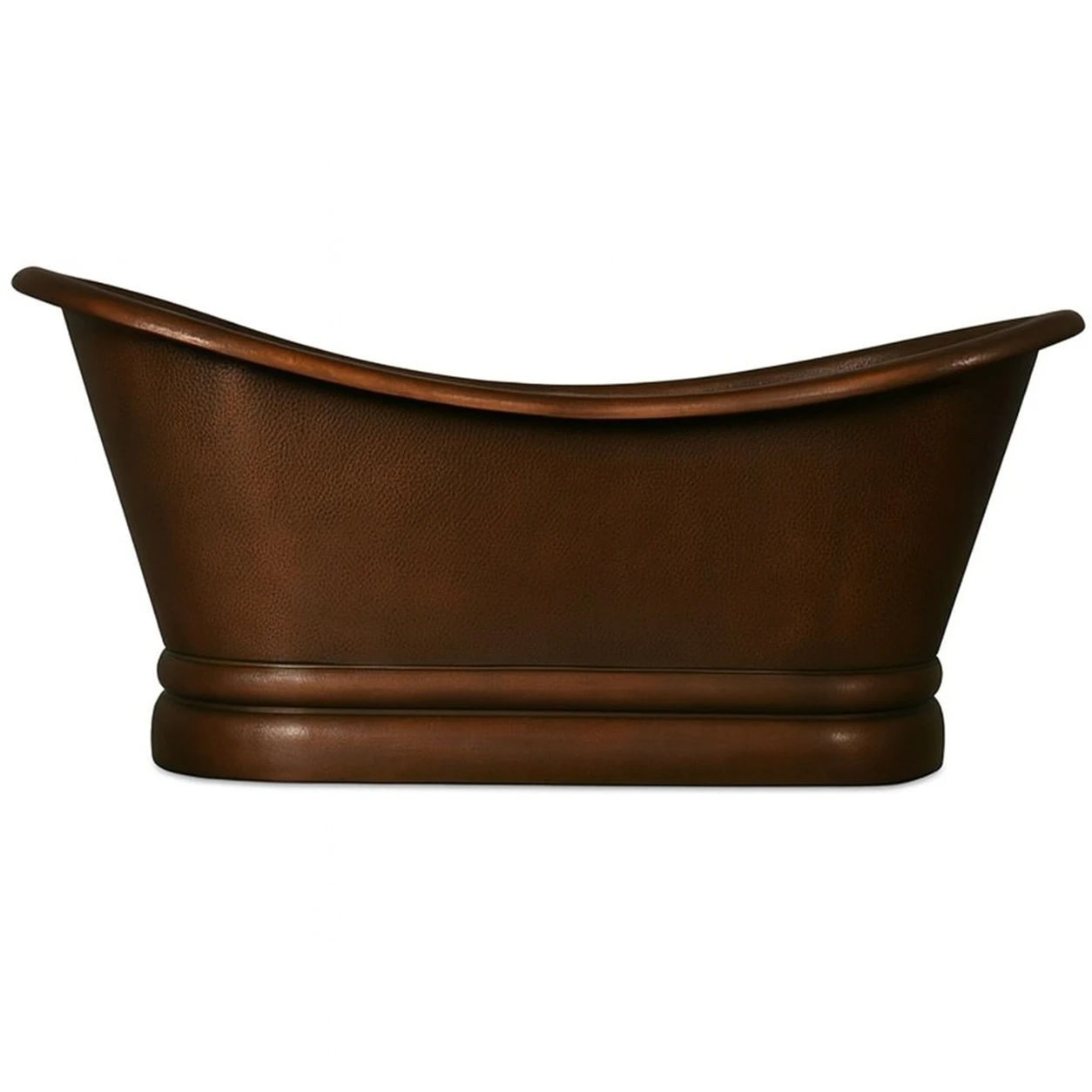 Dark patina copper soaking bathtub with rolled rim and raised reclining ends