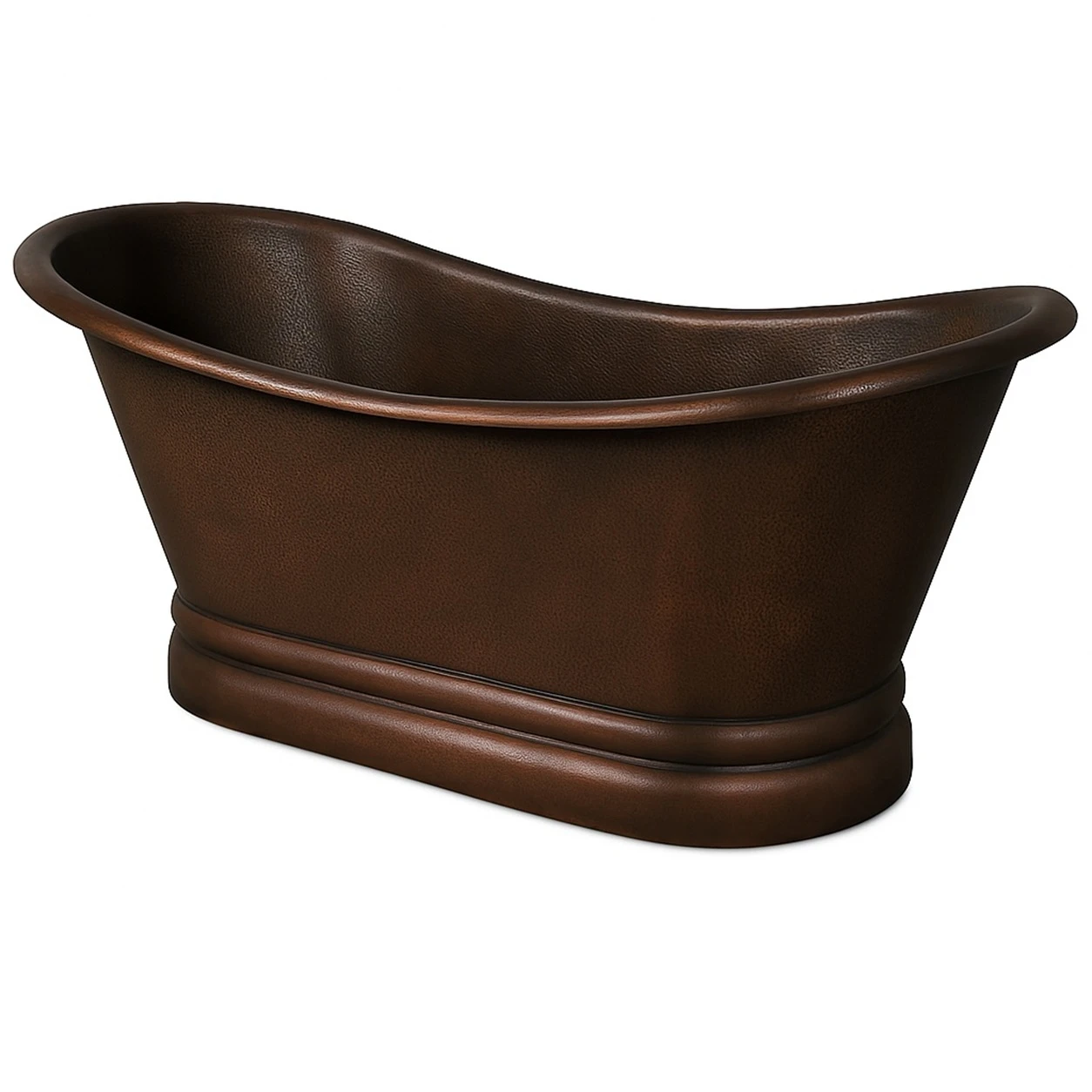 Angled view of dark patina copper soaking bathtub with rolled rim, curved profile, and hammered finish