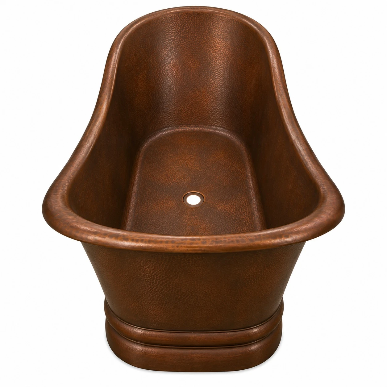 End view of dark patina copper bathtub showing rolled rim, deep soaking basin, and pedestal base