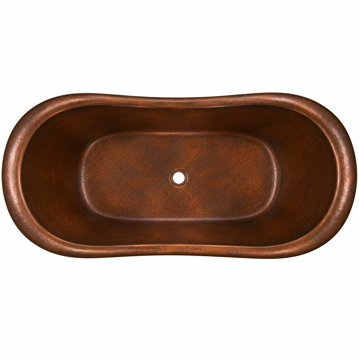 Top view of dark patina copper soaking bathtub with oval opening and rolled rim