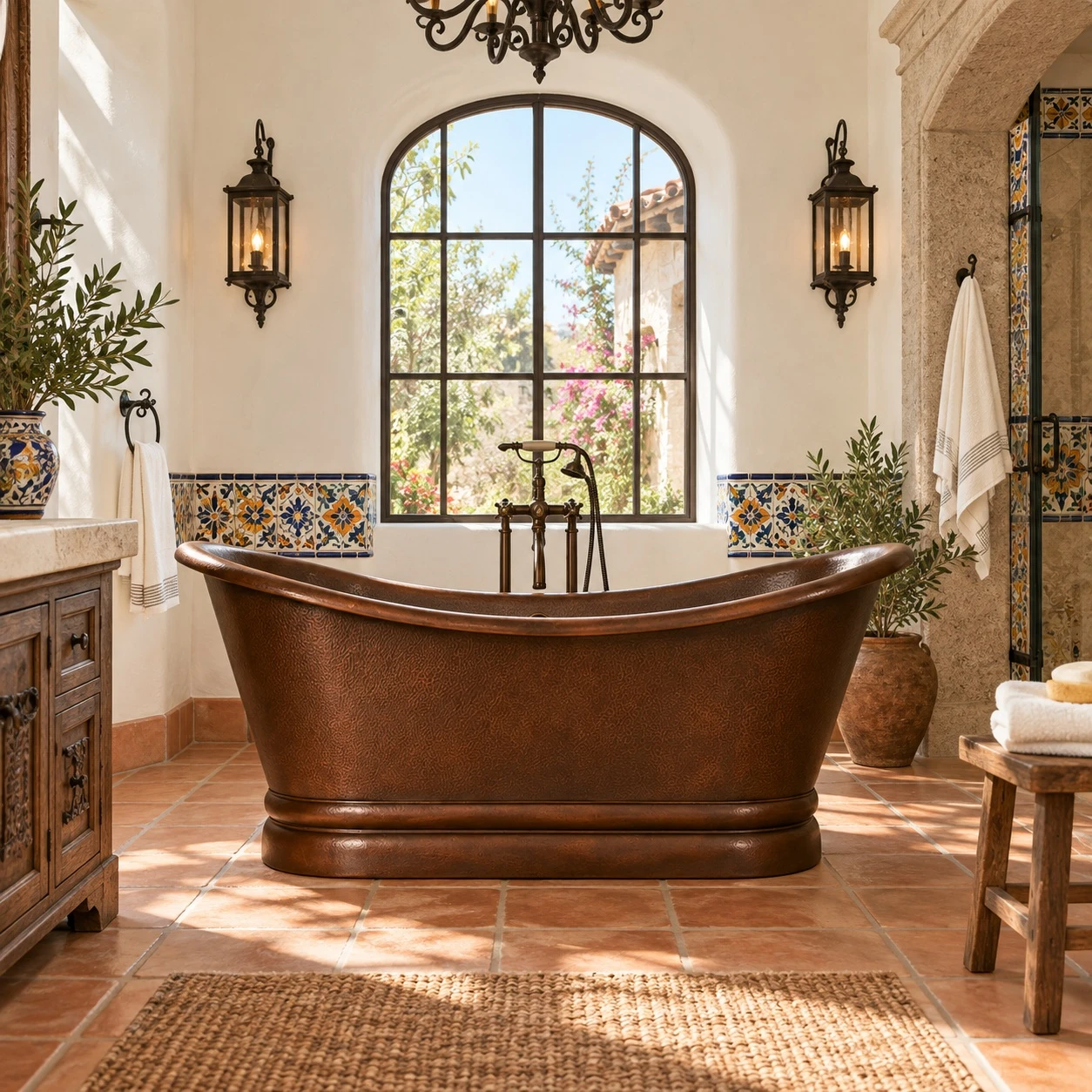 Dark patina copper soaking bathtub in Spanish Colonial bathroom with plaster and tile