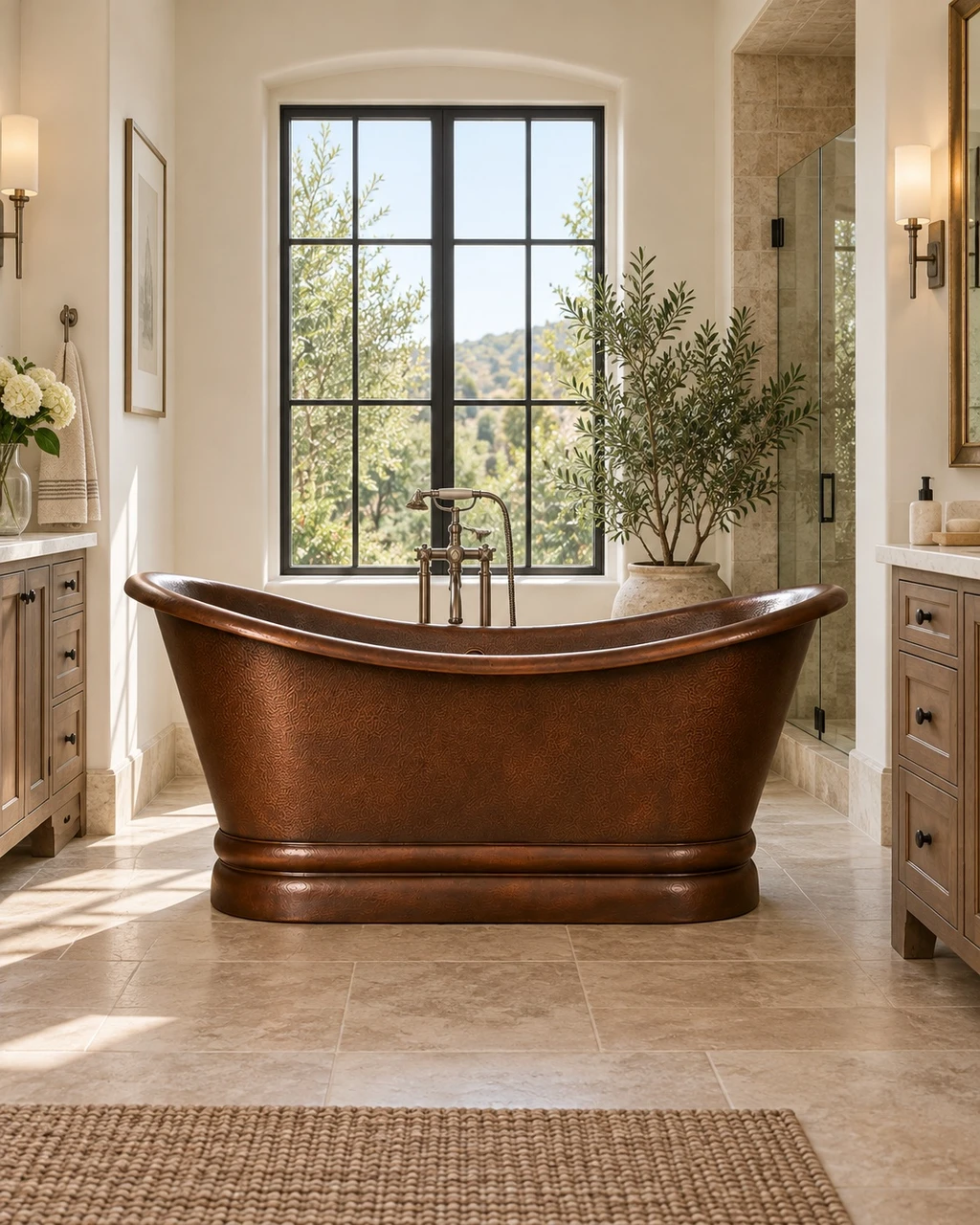 Dark patina copper soaking bathtub in transitional bathroom with neutral stone and clean cabinetry