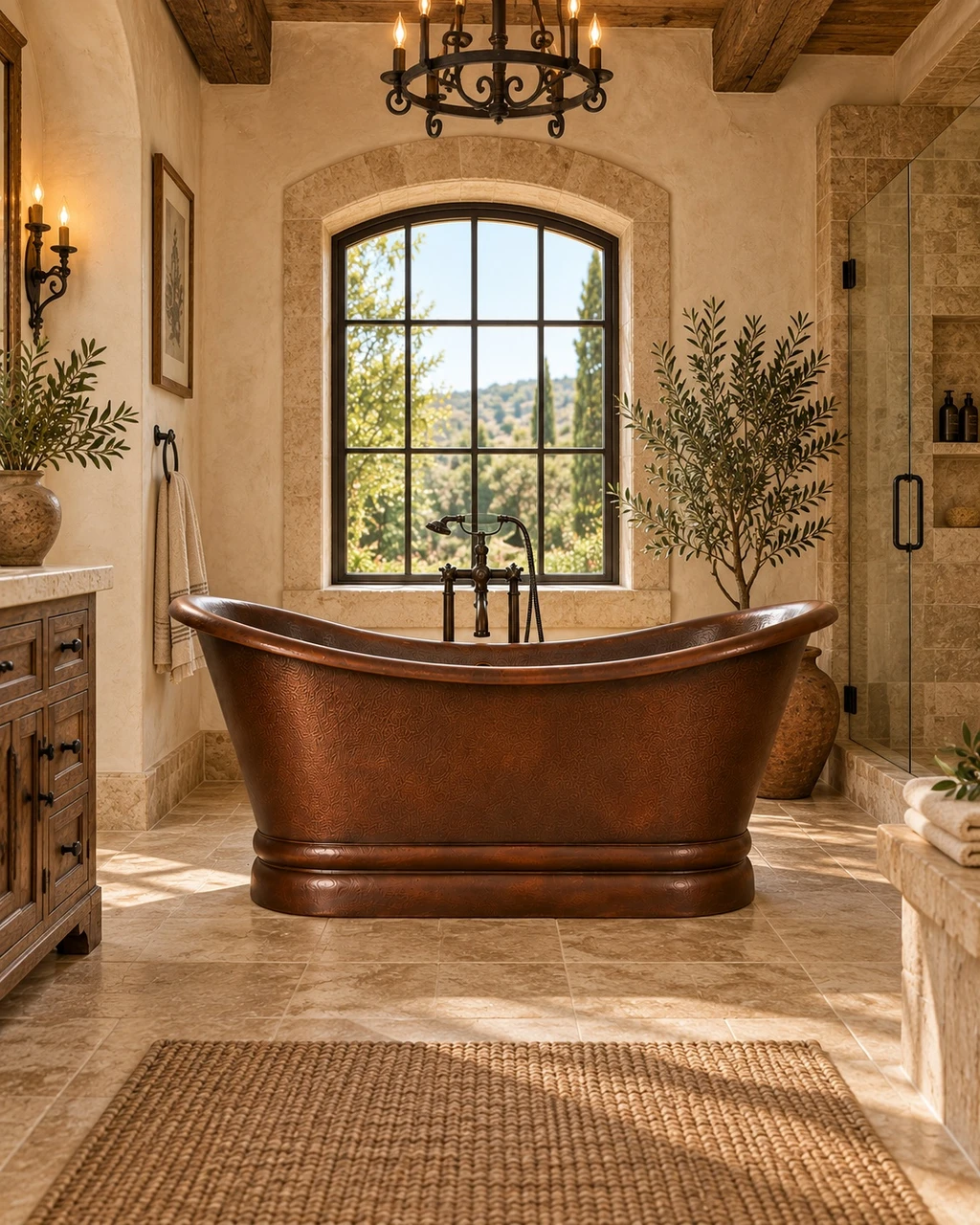 Dark patina copper soaking bathtub in Tuscan bathroom with travertine and timber beams
