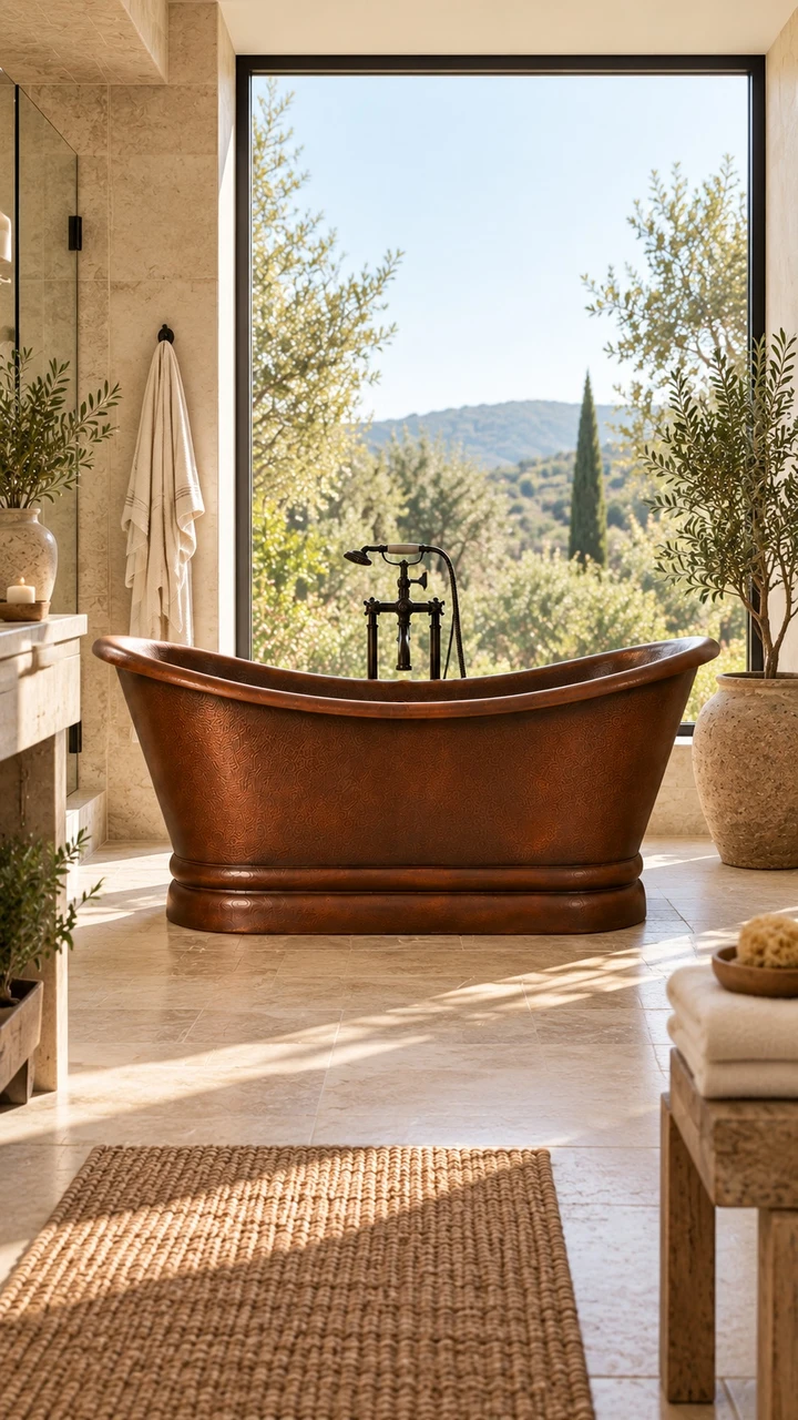 Dark patina copper soaking bathtub in luxury spa bathroom with stone and natural light