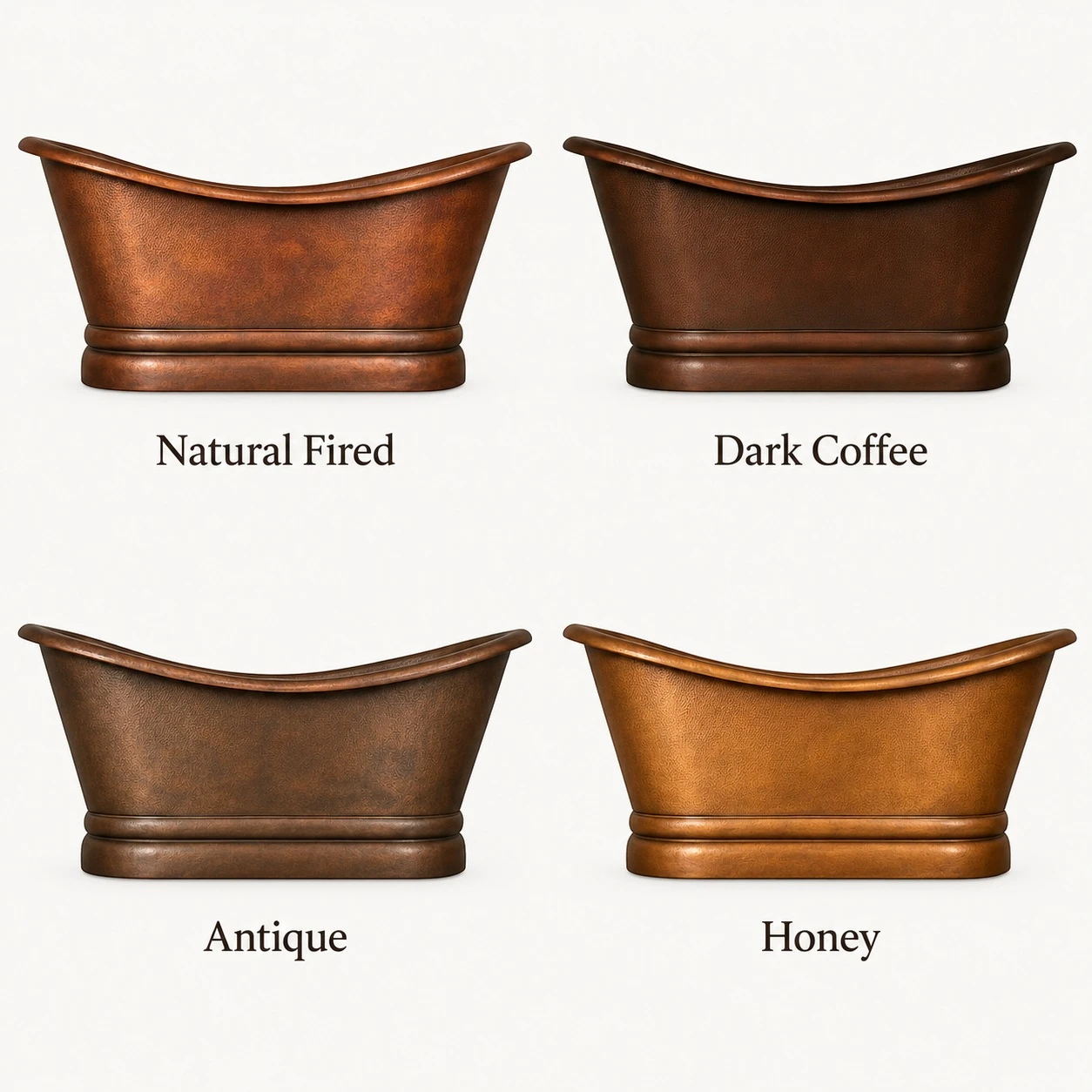 Dark patina copper soaking bathtub shown in four copper finish options