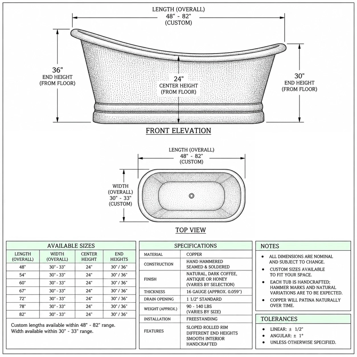 Technical drawing of dark patina copper soaking bathtub with raised ends and rolled rim