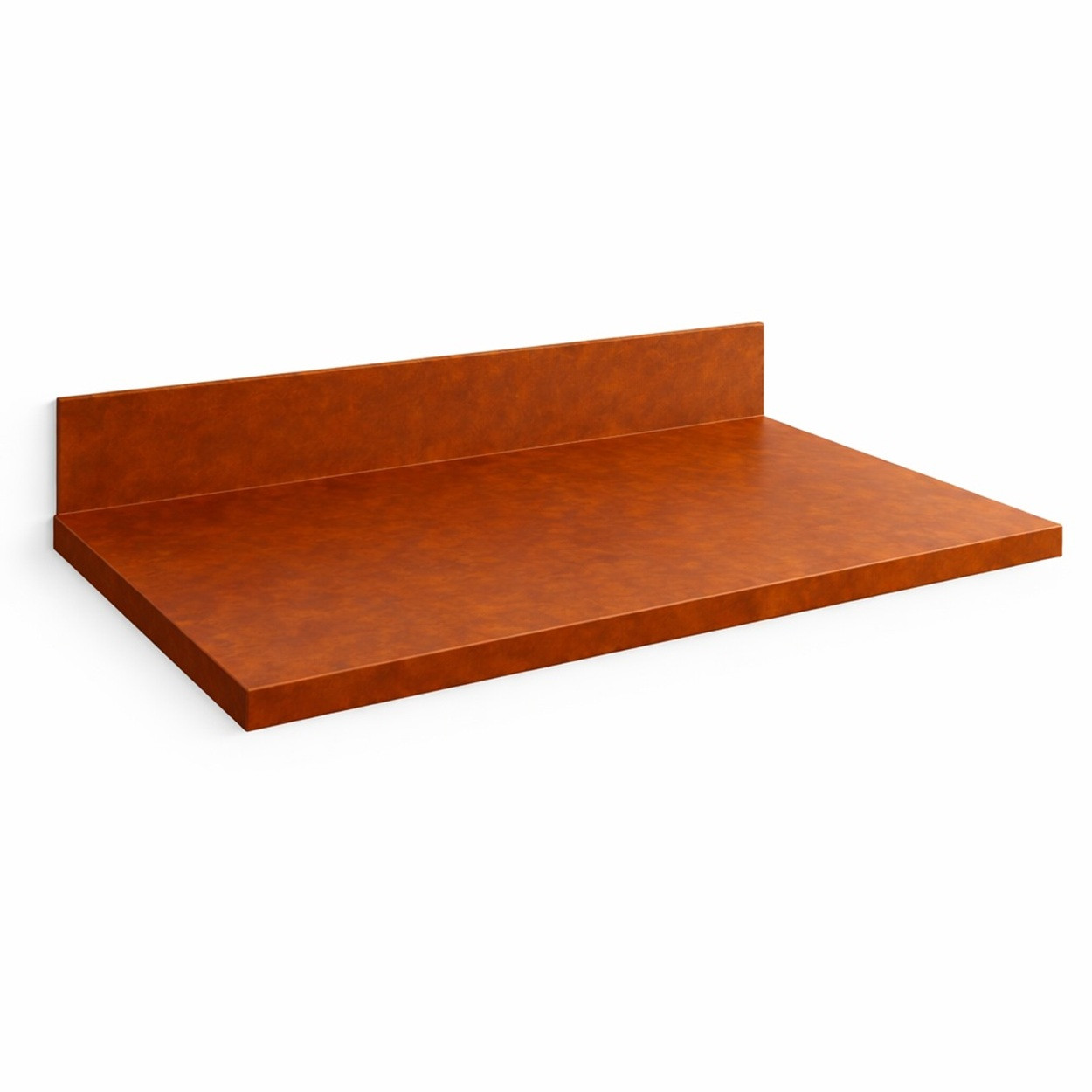 Engled view of handcrafted hammered copper kitchen countertop with backsplash on white background