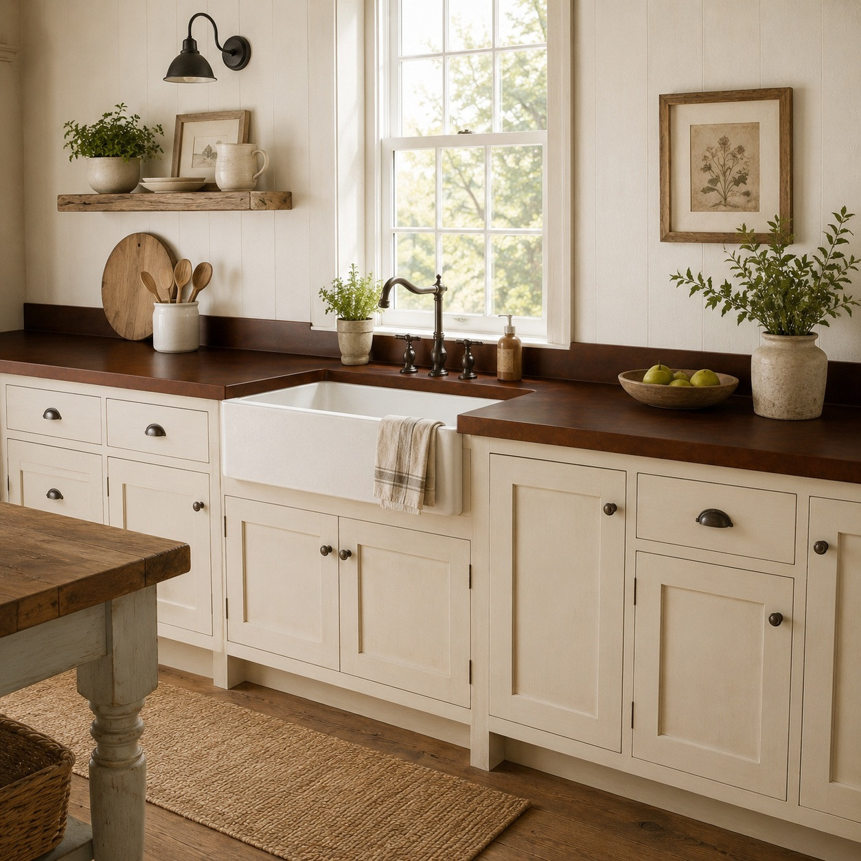 Rustic farmhouse kitchen with a handcrafted hammered copper kitchen countertop and a backsplash