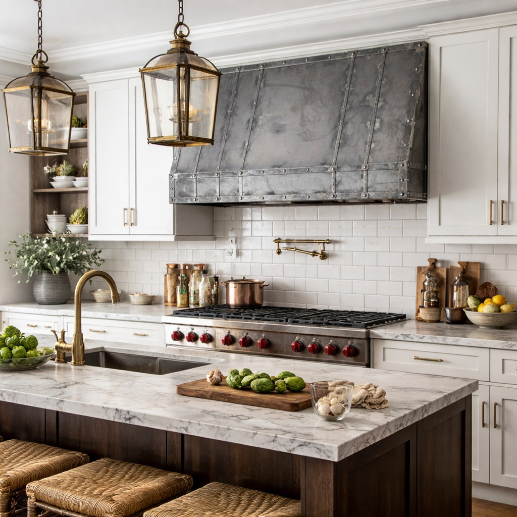 Riveted undercabinet iron range hood in an transitional industrial style kitchen