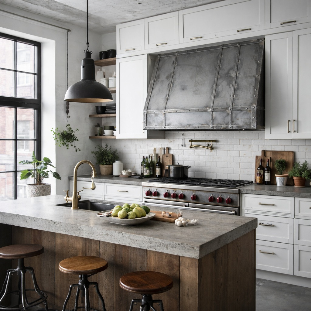 Riveted undercabinet iron range hood in a Scandinavian industrial kitchen