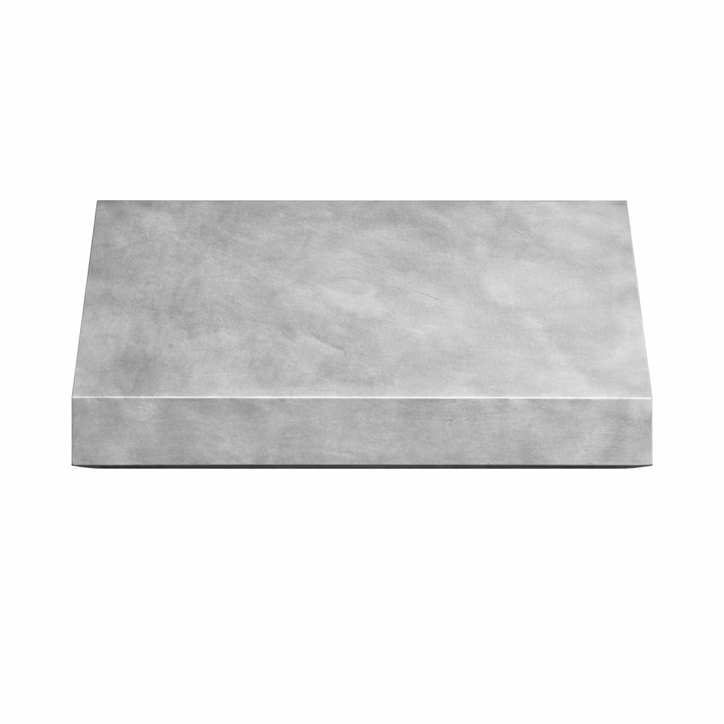 Smooth zinc range hood with clean angled silhouette and folded front profile