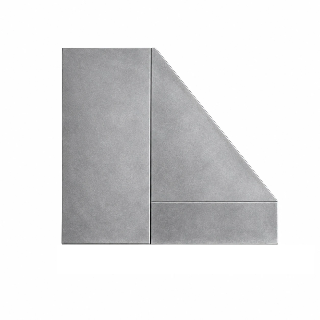 Smooth angled zinc range hood side profile showing the straight upper body and sharply sloped geometric enclosure