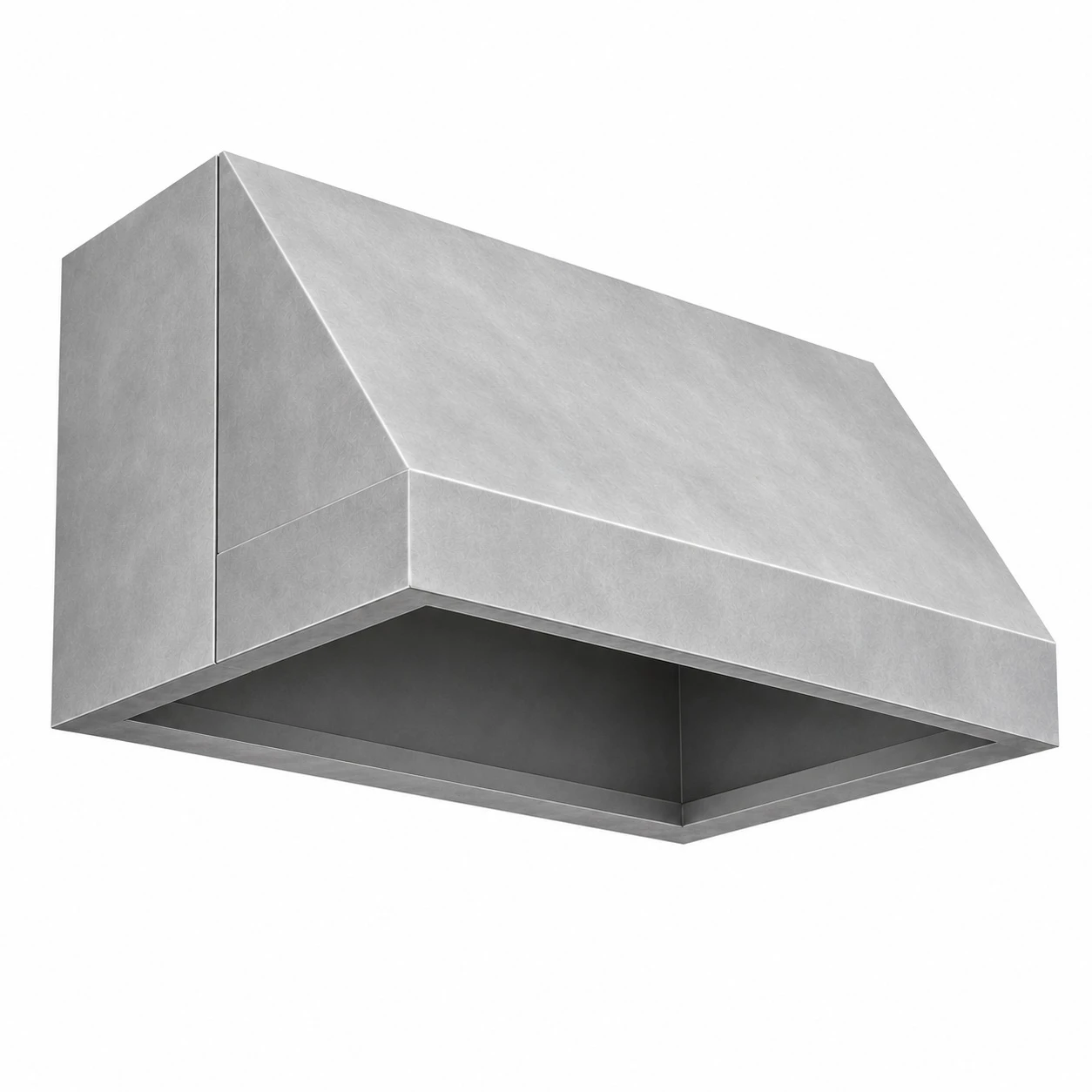 Underside view of smooth zinc range hood showing insert opening preparation