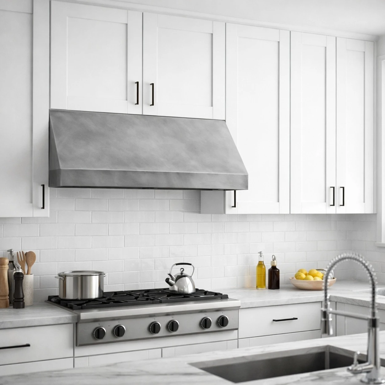 Contemporary kitchen with smooth zinc range hood, angled silhouette, flat cabinetry, and stone