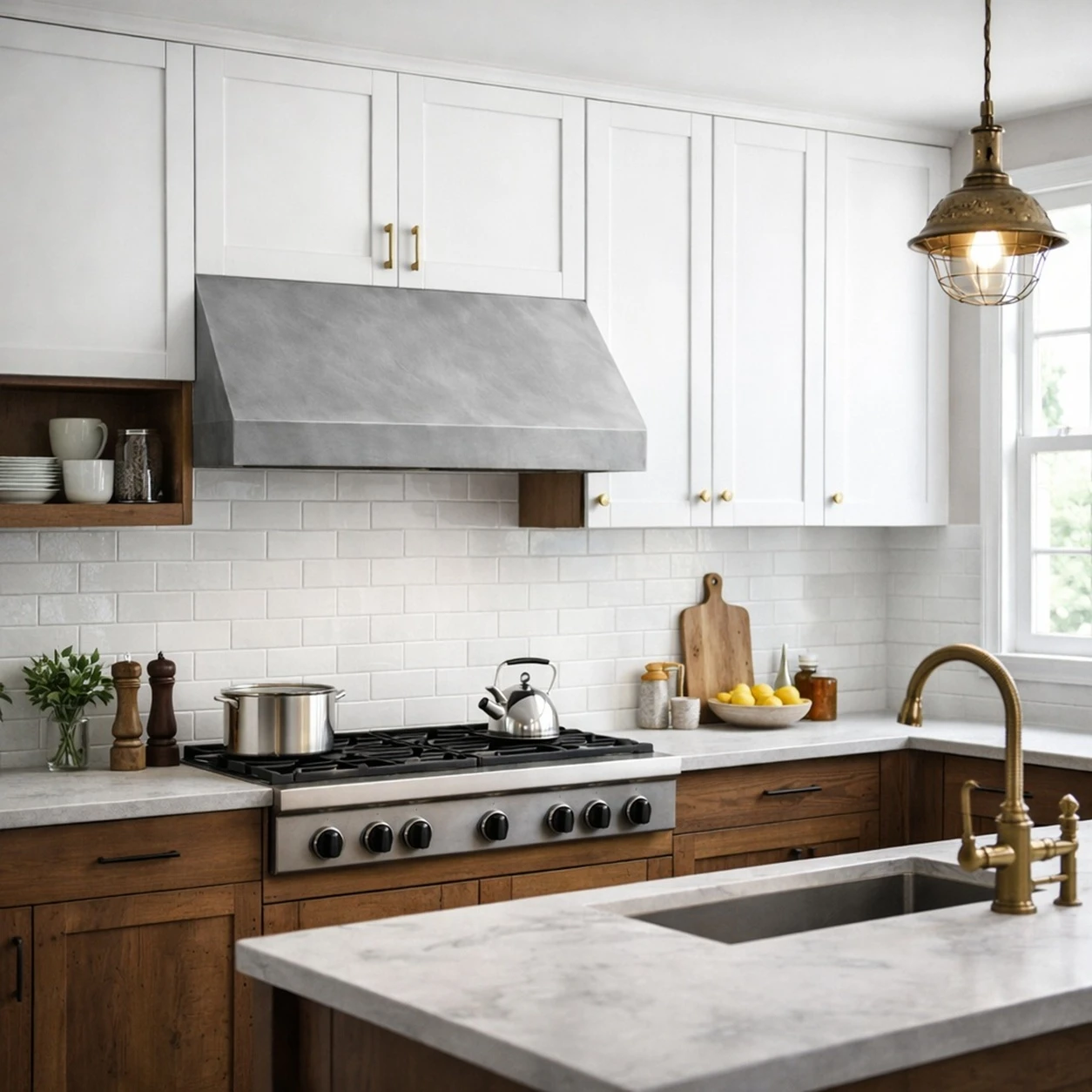Transitional kitchen with smooth zinc range hood, angled profile, shaker cabinetry, and stone counters