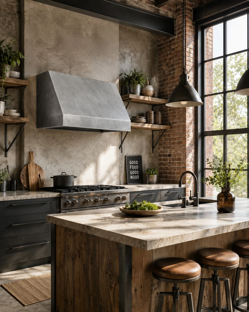 Light industrial kitchen with smooth zinc range hood, angled silhouette, steel, brick, and wood