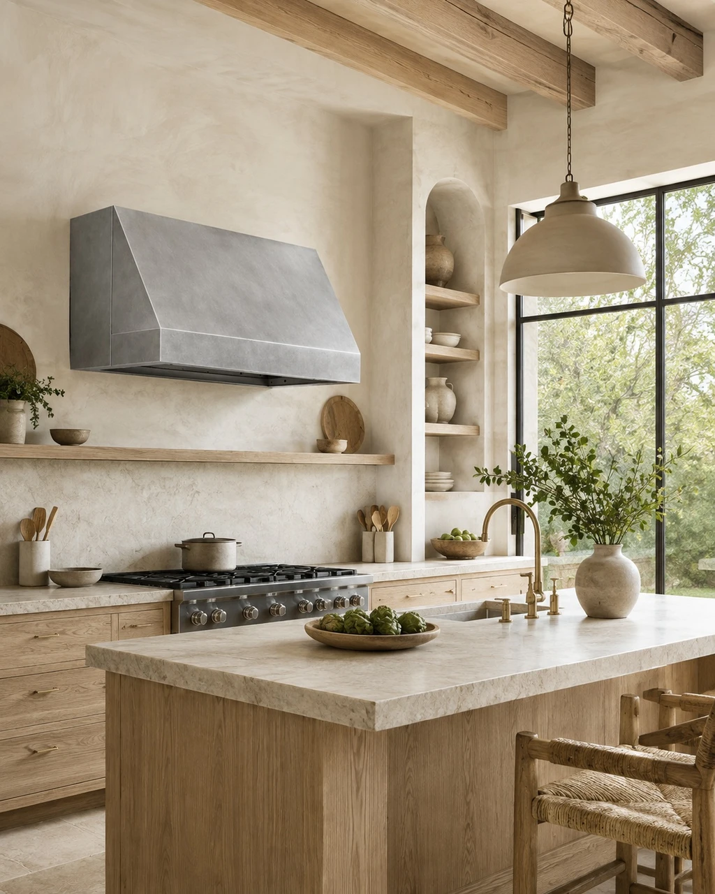 Organic modern kitchen with smooth zinc range hood, angled form, white oak, limestone, and plaster