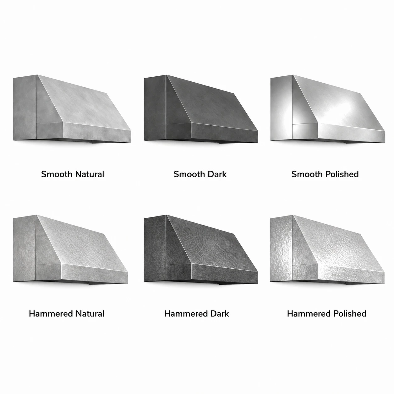 Smooth zinc range hood shown in six zinc finish options