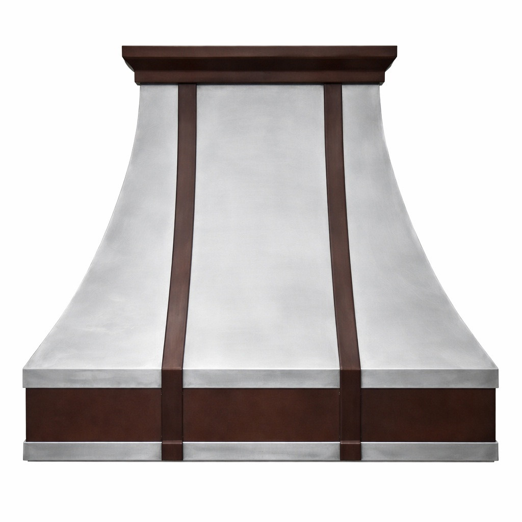 Mixed metal range hood combining brushed zinc and dark copper apron, accent and crown molding