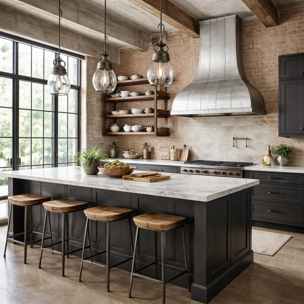 Loft kitchen with a handcrafted zinc bell range hood with tall chimney, concrete, brick, steel-framed windows, and darker cabinetry