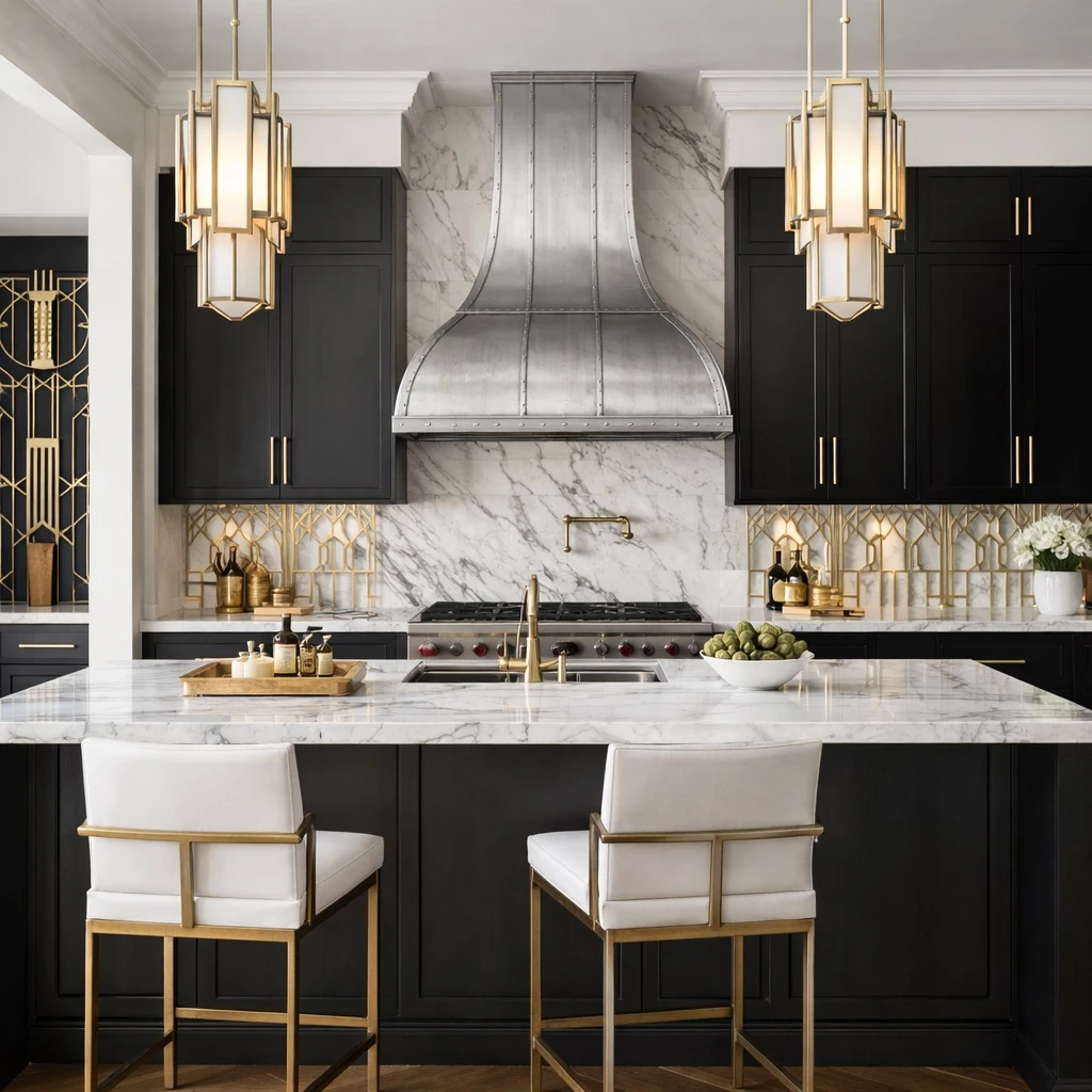 Art Deco kitchen with handcrafted zinc bell range hood, tall chimney, and riveted straps