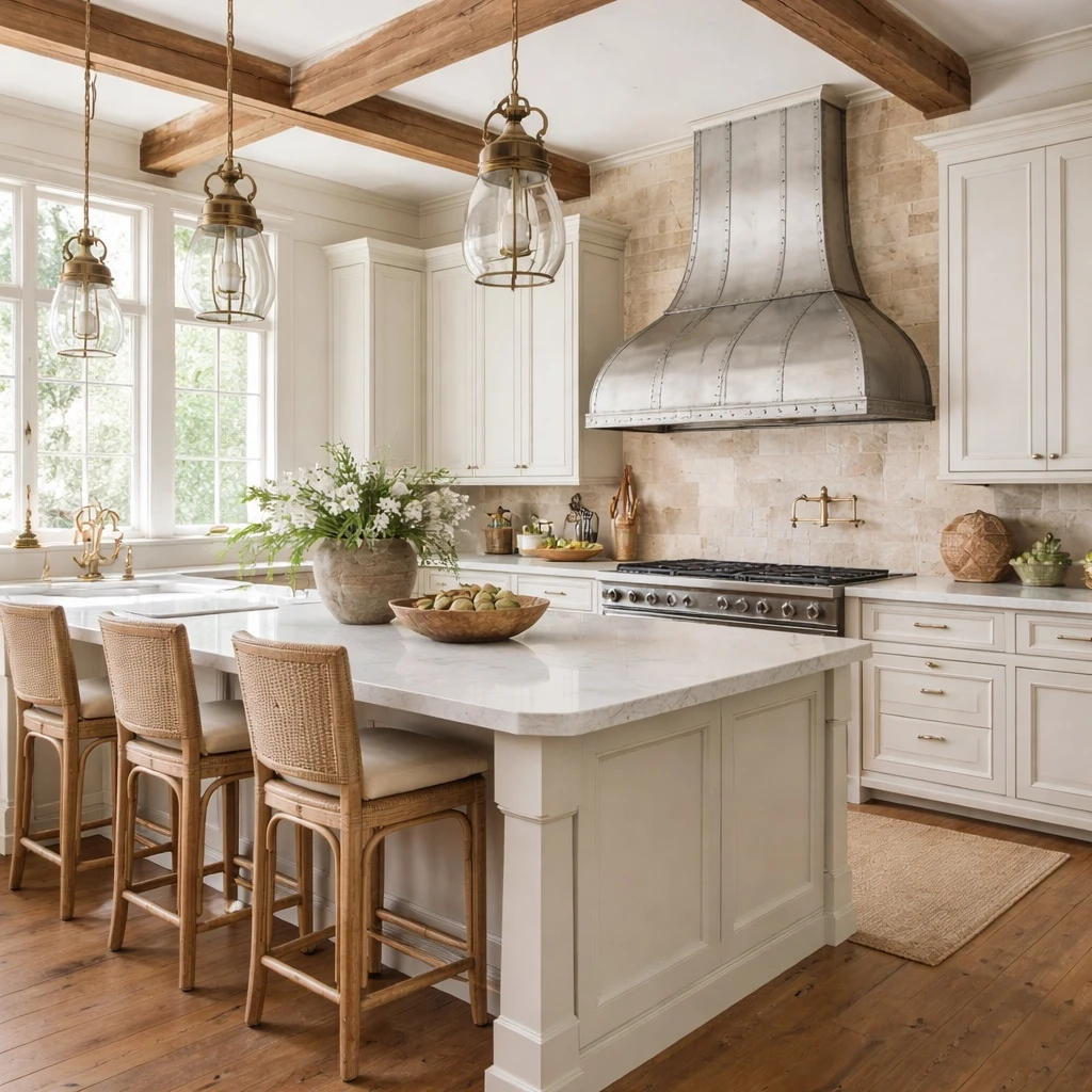 European country kitchen with handcrafted zinc bell range hood, tall chimney, and riveted straps