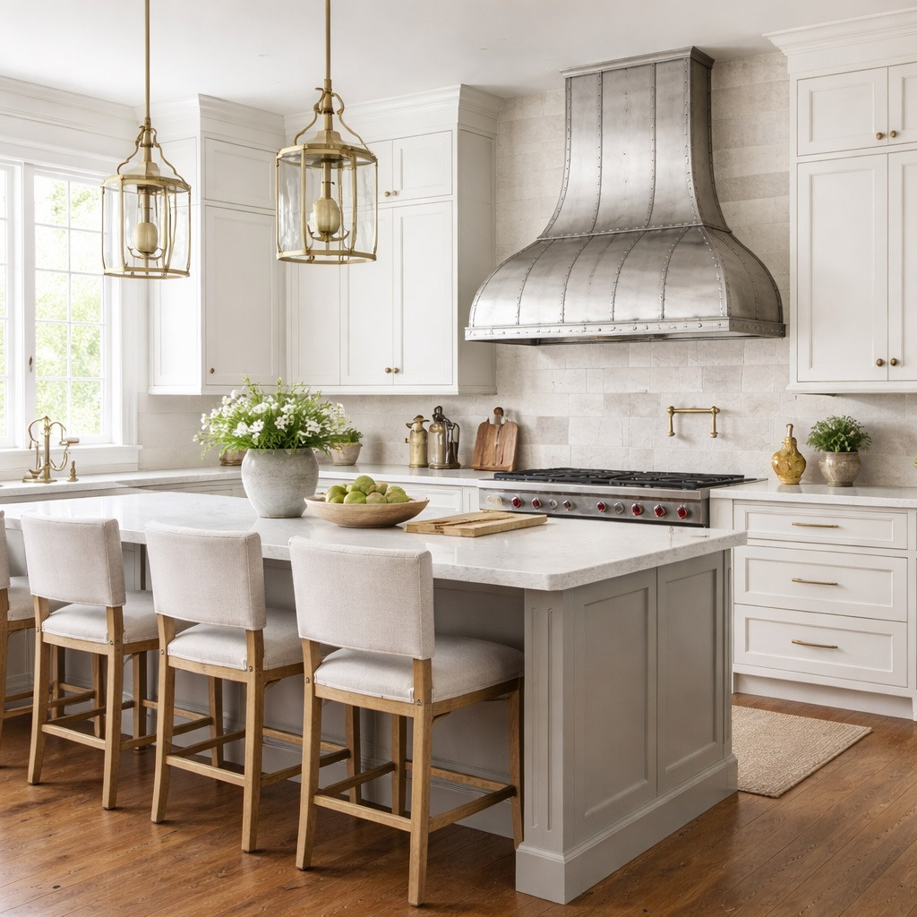 Transitional classic kitchen with  a handcrafted zinc bell range hood with tall chimney, shaker cabinetry, neutral palettes, and mixed metals 