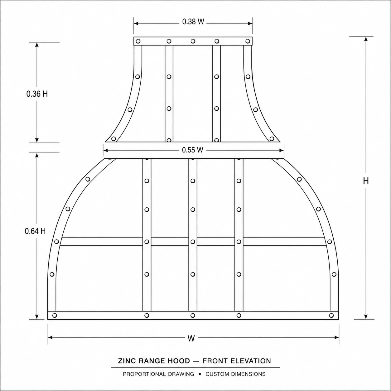 Proportional drawing of handcrafted zinc bell range hood with tall chimney and vertical straps
