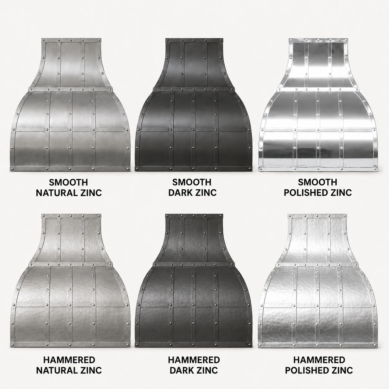 Zinc finish options for handcrafted bell range hood with tall chimney and vertical straps