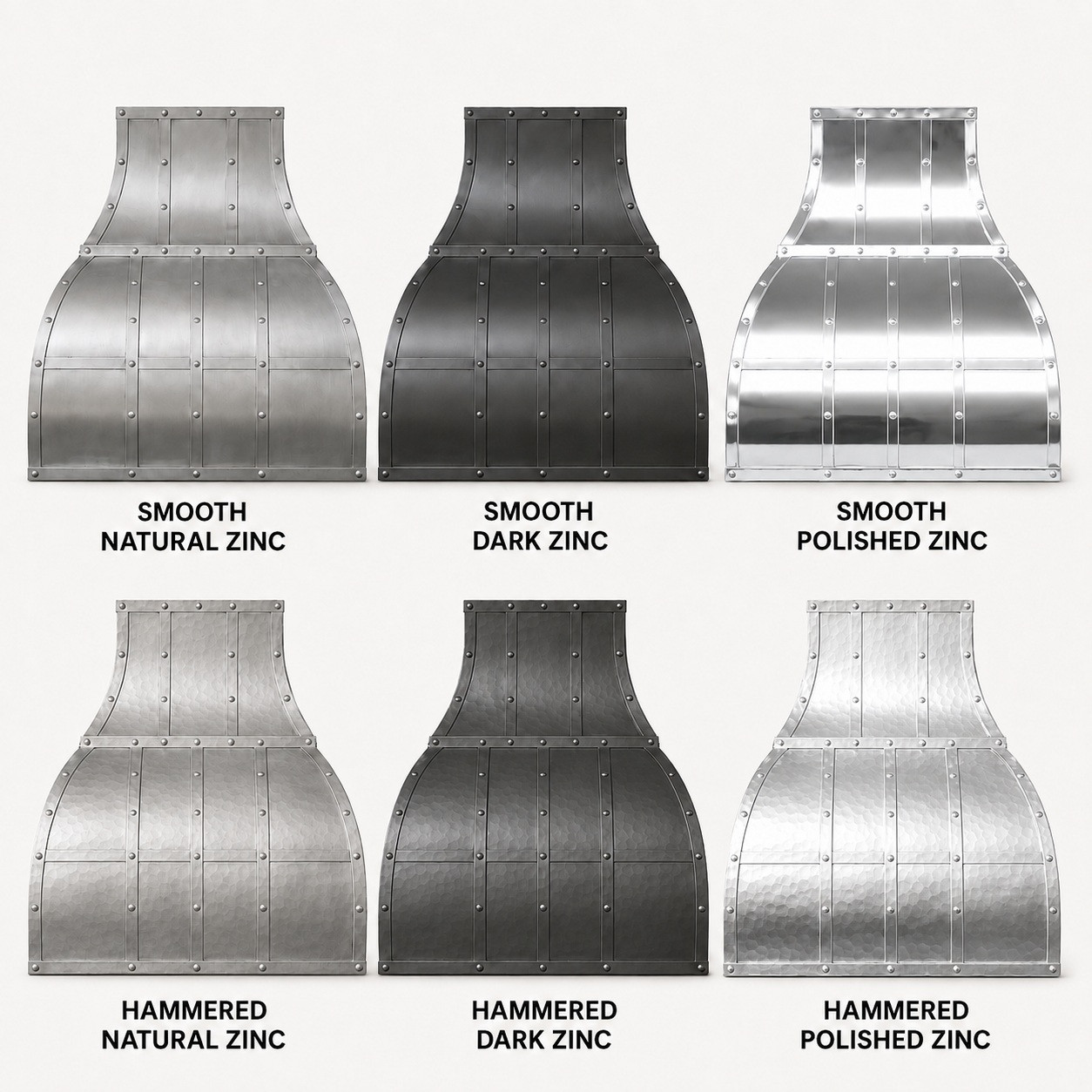 Handcrafted zinc bell range hood shown in six finish options with tall chimney and riveted straps