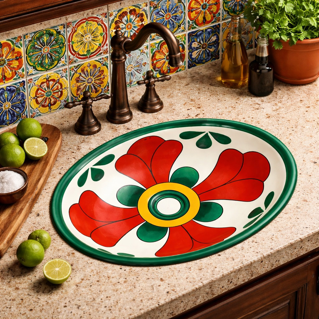 Talavera red floral bathroom sink installed as a decorative prep sink within a rustic style kitchen