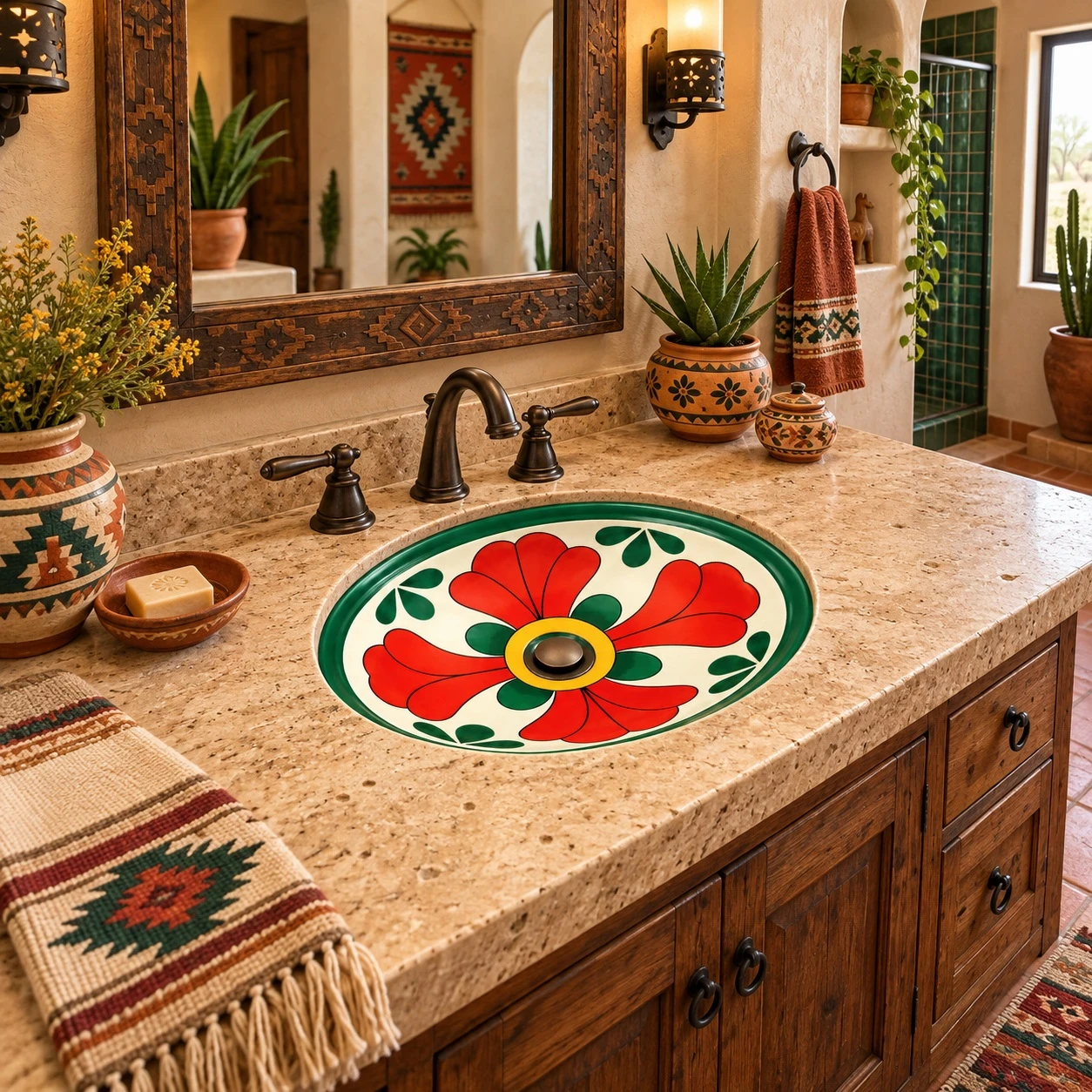 Oval talavera bathroom sink red green floral pattern in a Southwestern vanity setting