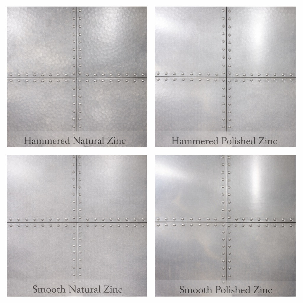 Rectangular riveted zinc tabletop showing surface texture details and available finish options for commercial and residential use