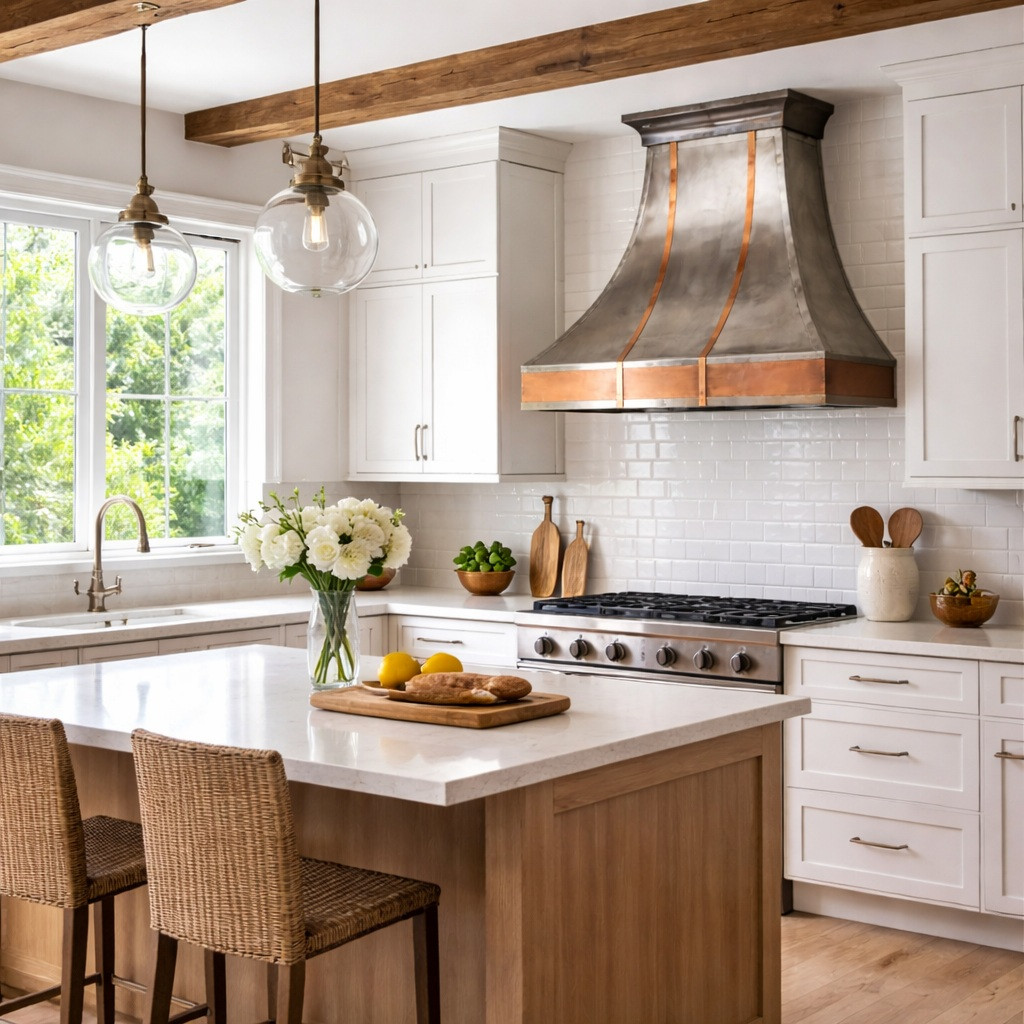 Shiny zinc range hood with polished copper straps and apron trim in a modern rustic transitional kitchen with shaker cabinets and neutral stone finishes