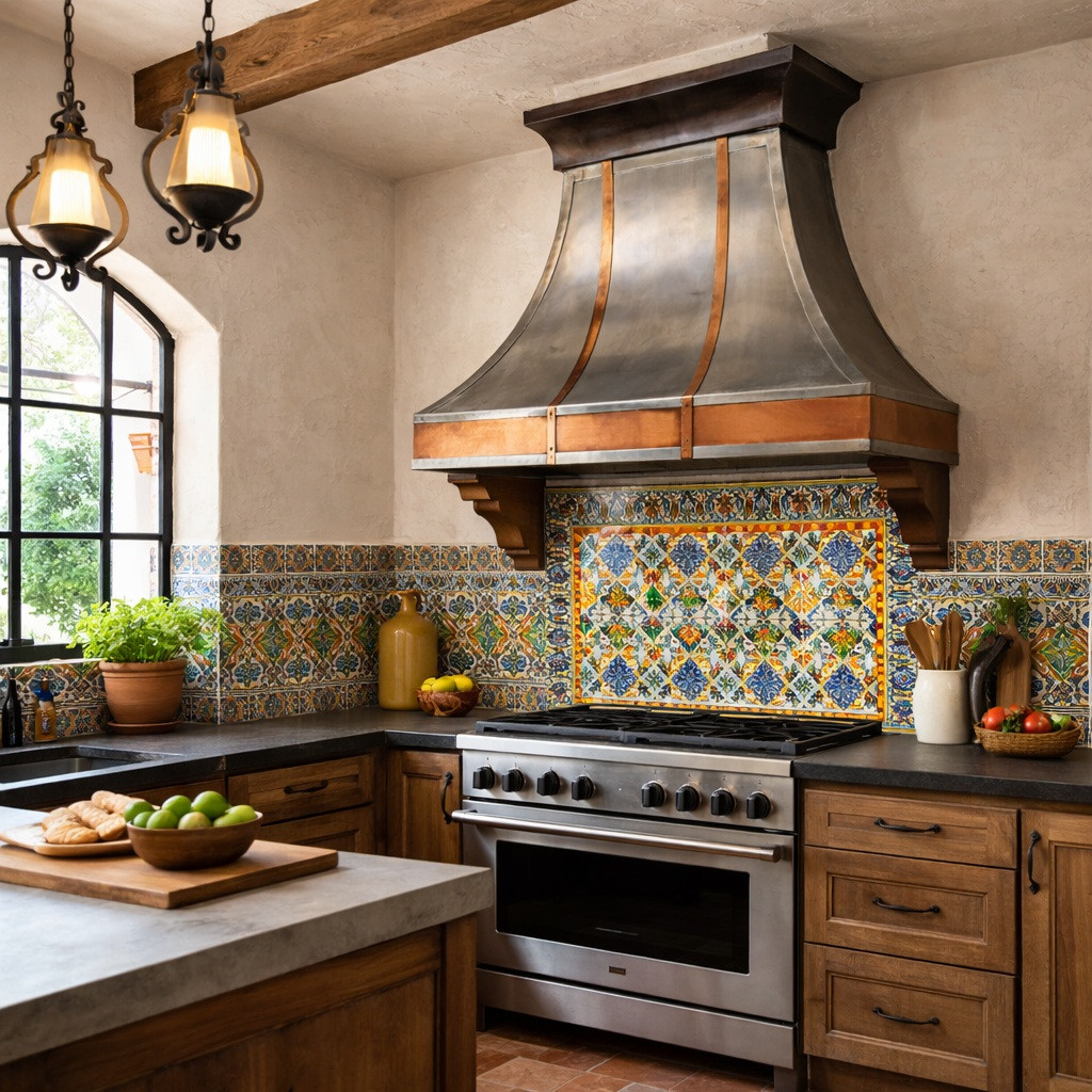 Shiny zinc range hood with polished copper straps and apron trim in a rustic Mexican Hacienda kitchen with Talavera tile and warm wood tones