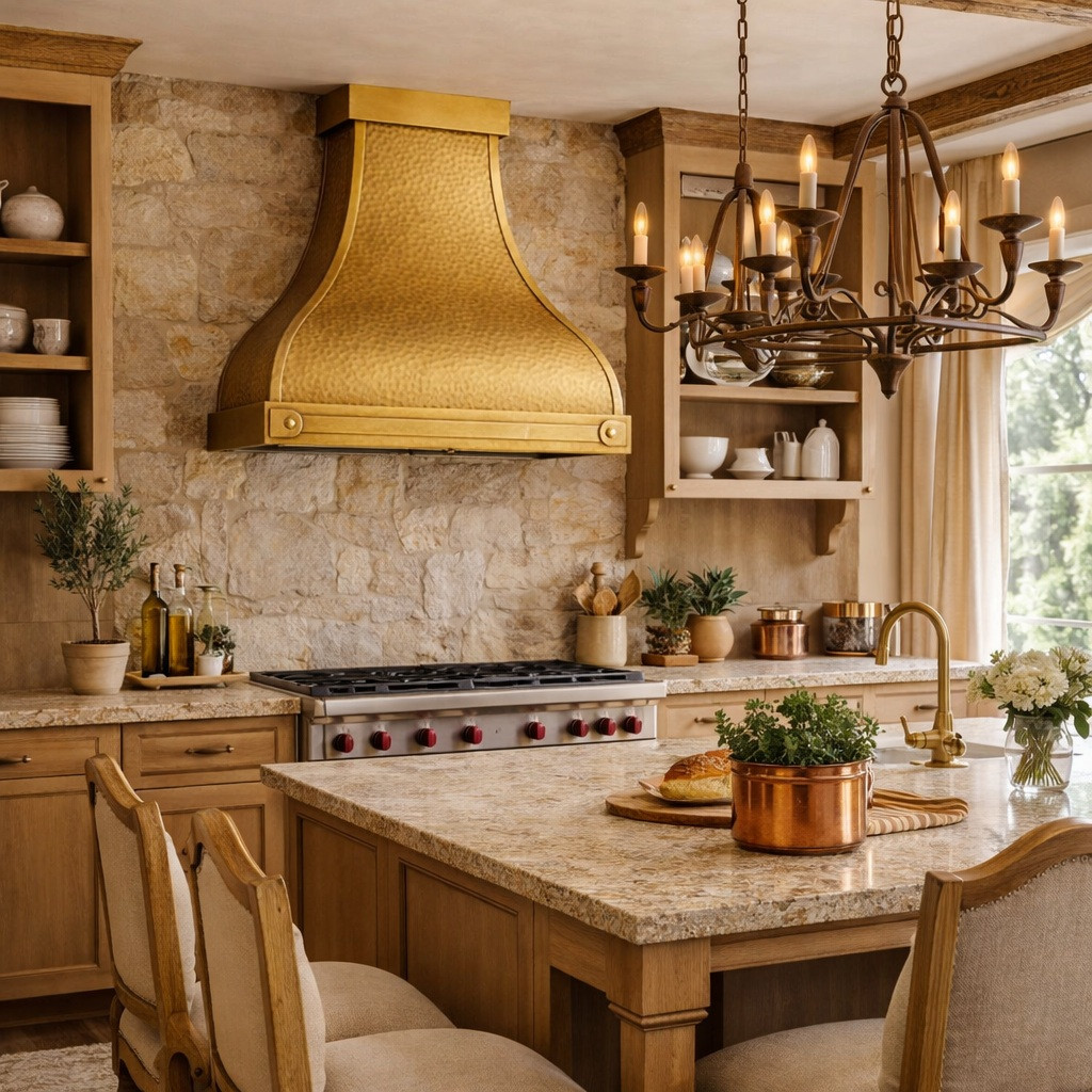 Handcrafted brass range hood with a horizontal strap in a French country kitchen with warm cabinetry