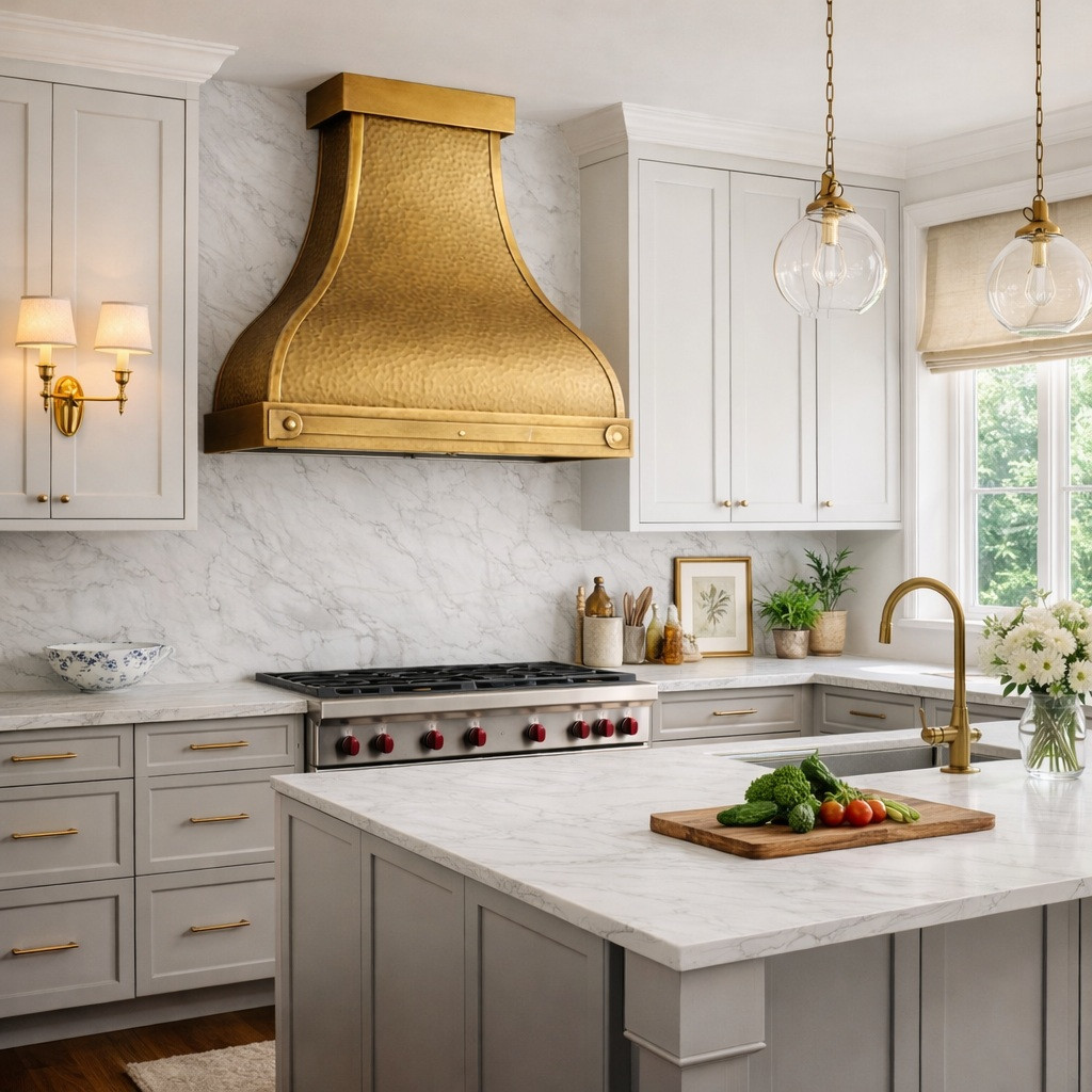 Handcrafted brass range hood with a horizontal strap in a transitional kitchen with clean lines and warm wood accents