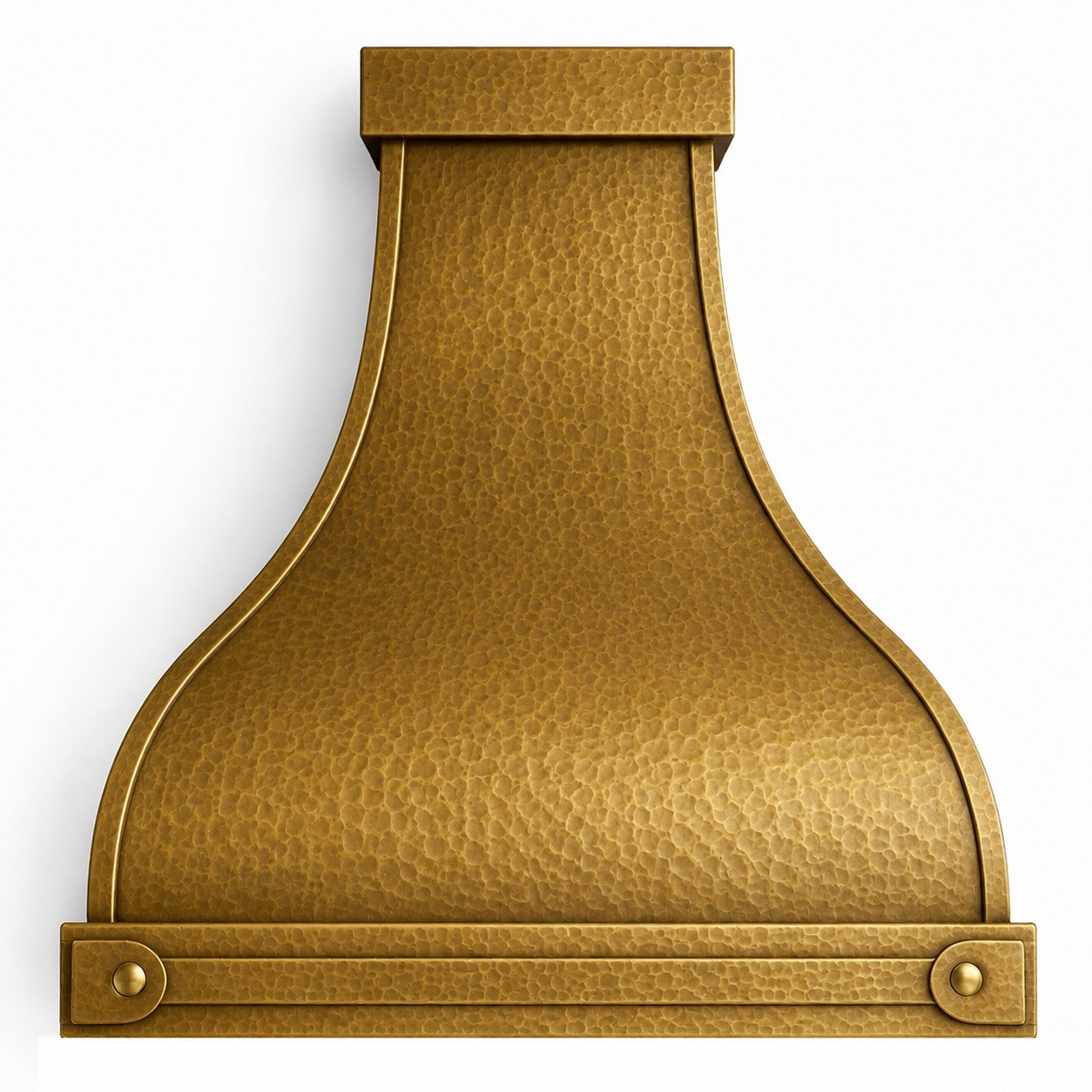 Handcrafted brass range hood with a horizontal strap, warm finish, and sculptural trapezoid profile