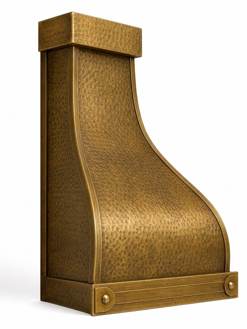 Profile view of handcrafted smooth brass range hood with a horizontal strap and crisp trapezoid silhouette