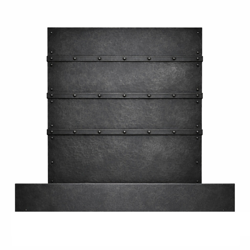 Contemporary rectangular zinc range hood with riveted bands in dark patina finish, front view