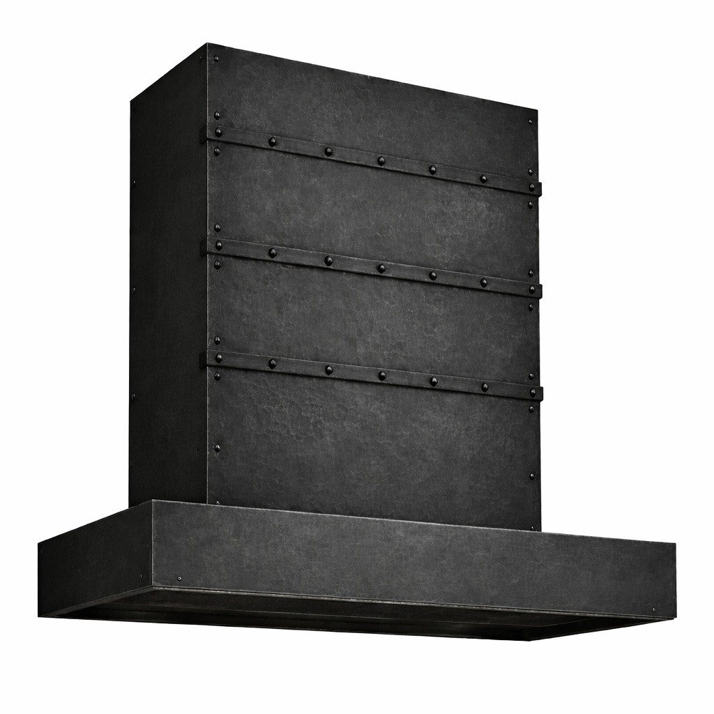 Contemporary rectangular zinc range hood with riveted bands, side view