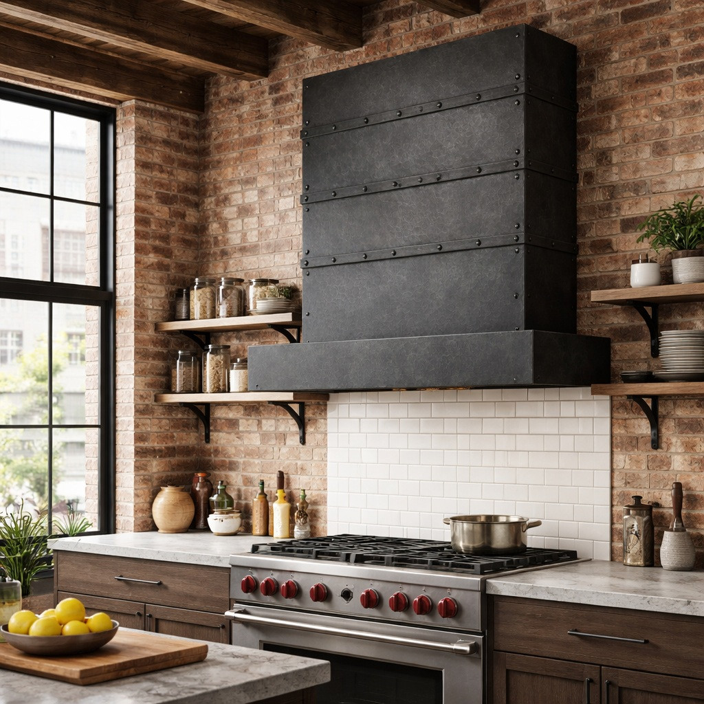Rectangular zinc range hood with riveted bands in industrial loft kitchen with brick wall and dark cabinets