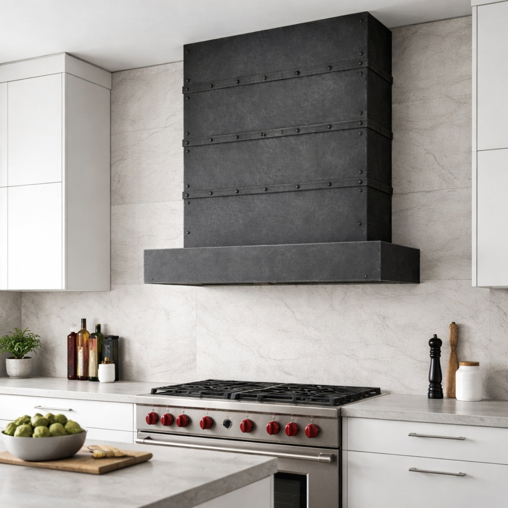 Rectangular zinc range hood with riveted bands in minimalist modern kitchen with flat cabinets and stone backsplash