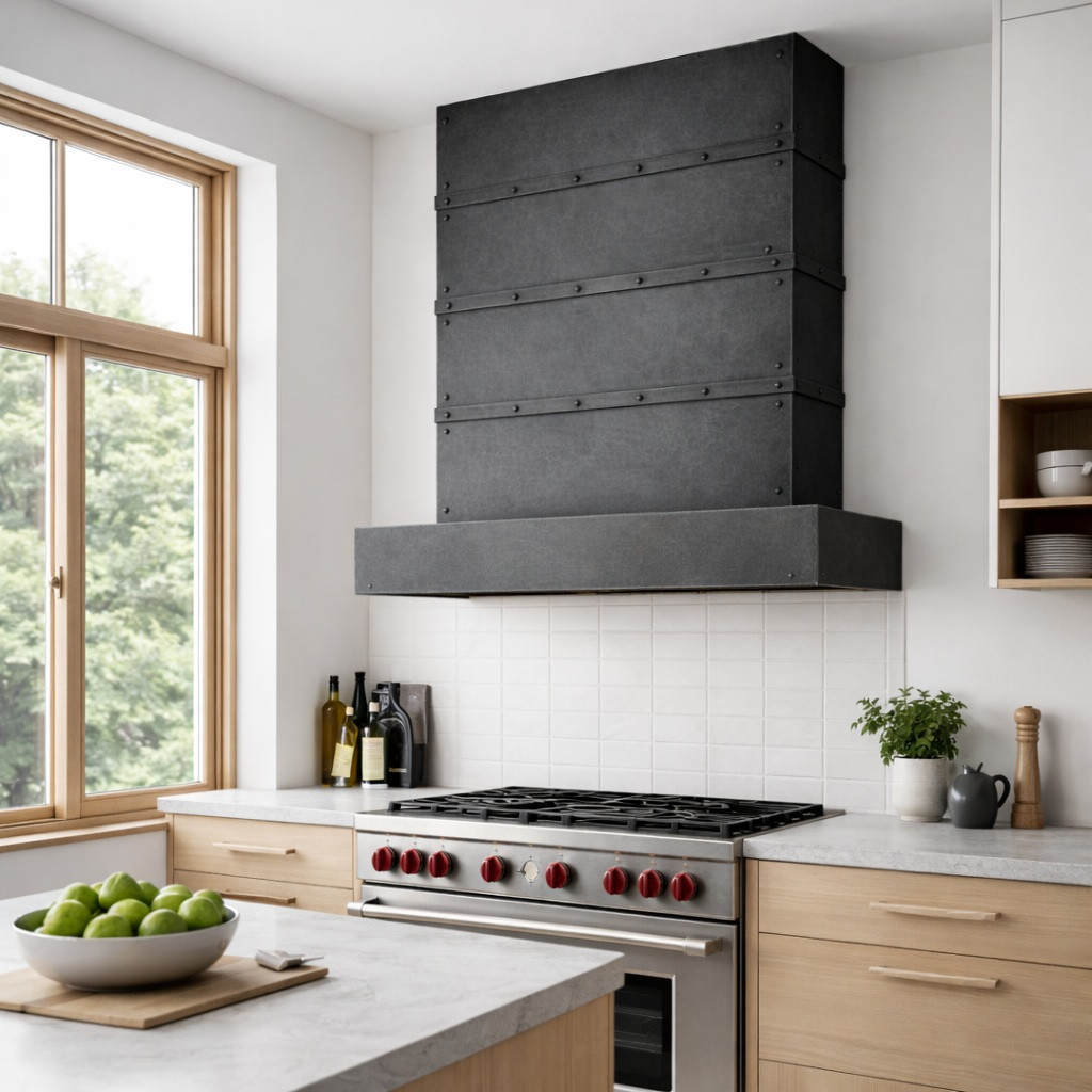 Rectangular zinc range hood with riveted bands in Scandinavian modern kitchen with light wood cabinets and white walls