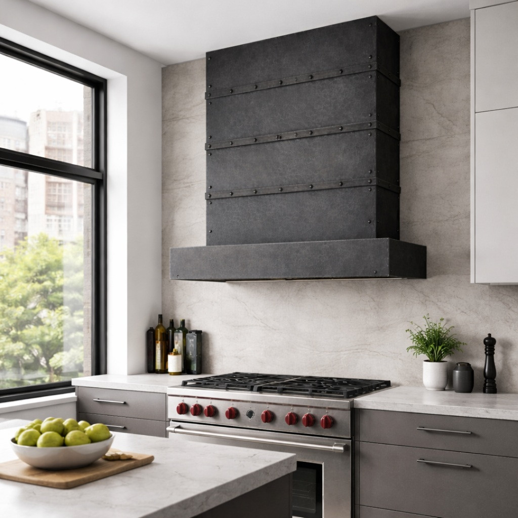 Rectangular zinc range hood with riveted bands in urban contemporary kitchen with flat cabinets and matte countertops