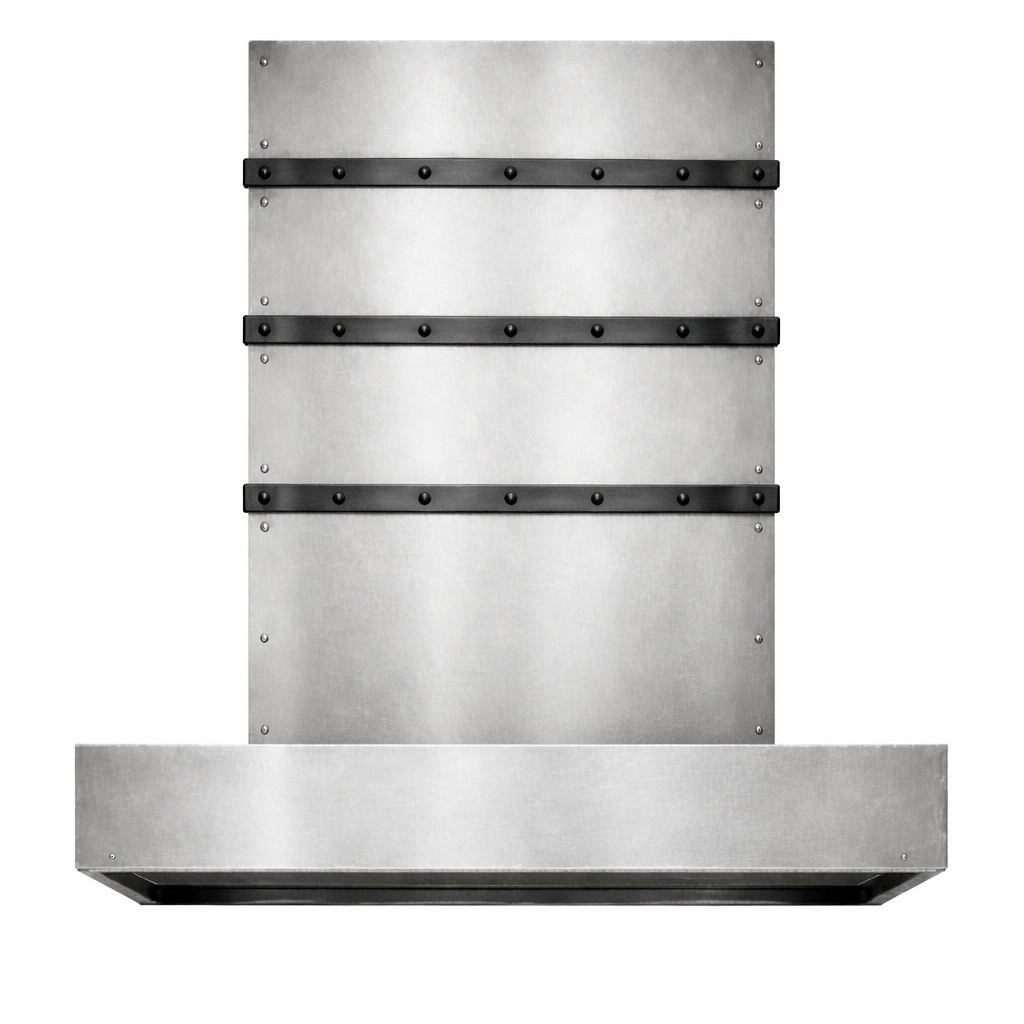 Modern natural finish zinc kitchen range hood with contrasting metal straps
