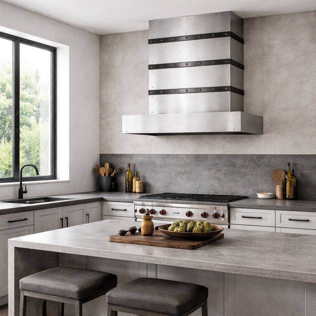 Natural finish zinc range hood with contrasting metal straps and rivets in industrial kitchen with stone counters and concrete wall finish
