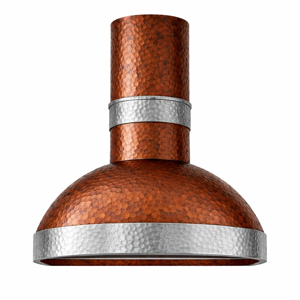 Hammered copper range hood with round chimney and zinc bands, wall mount front view
